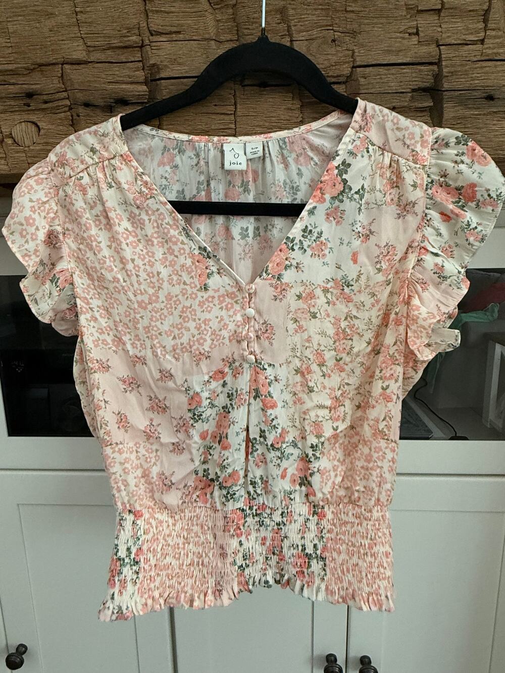Joie Floral V-Neck Blouse Sz S Smocked Waist Ruffle Sleeve Cottagecore